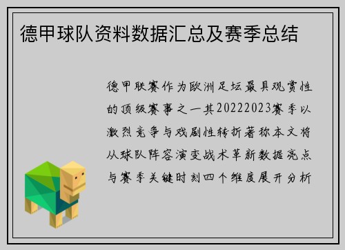 德甲球队资料数据汇总及赛季总结